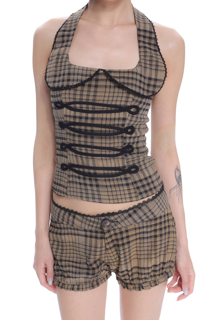 Camel Plaid Mini Shorts