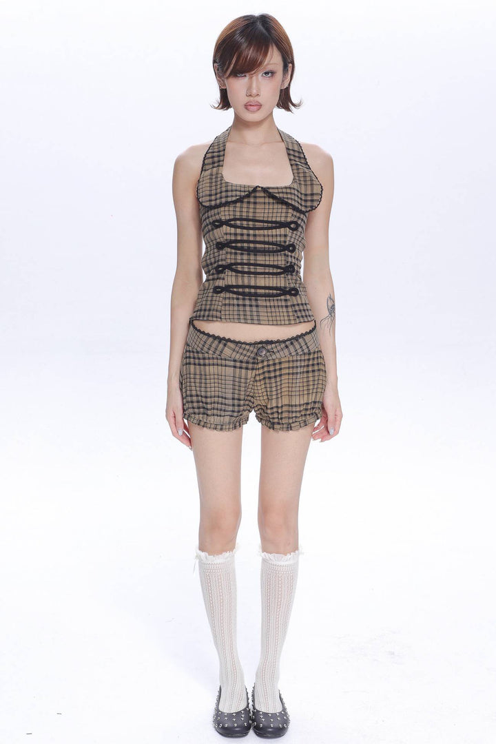 Camel Plaid Mini Shorts