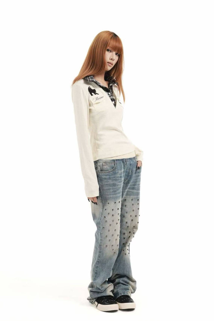 Plaid Collar Graphic Top