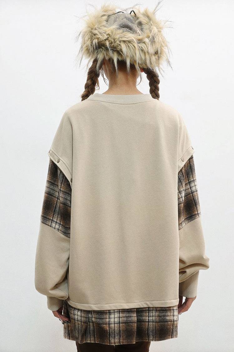 Plaid Layer Distressed Sweatshirt