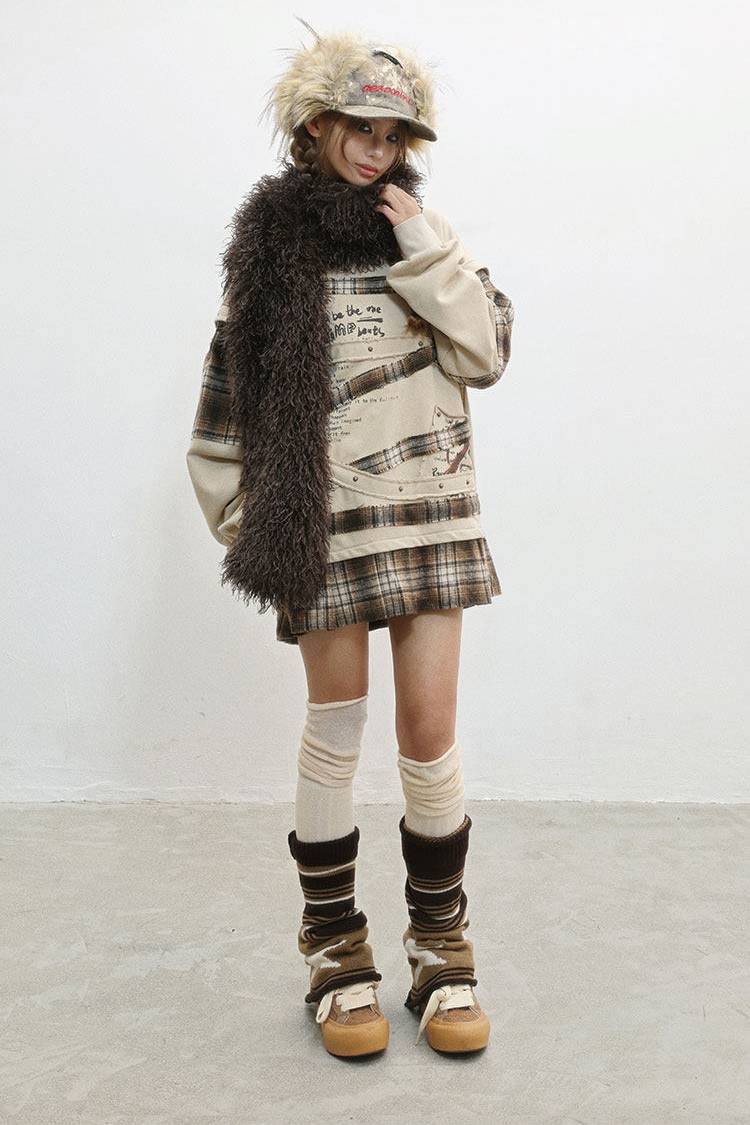 Plaid Layer Distressed Sweatshirt