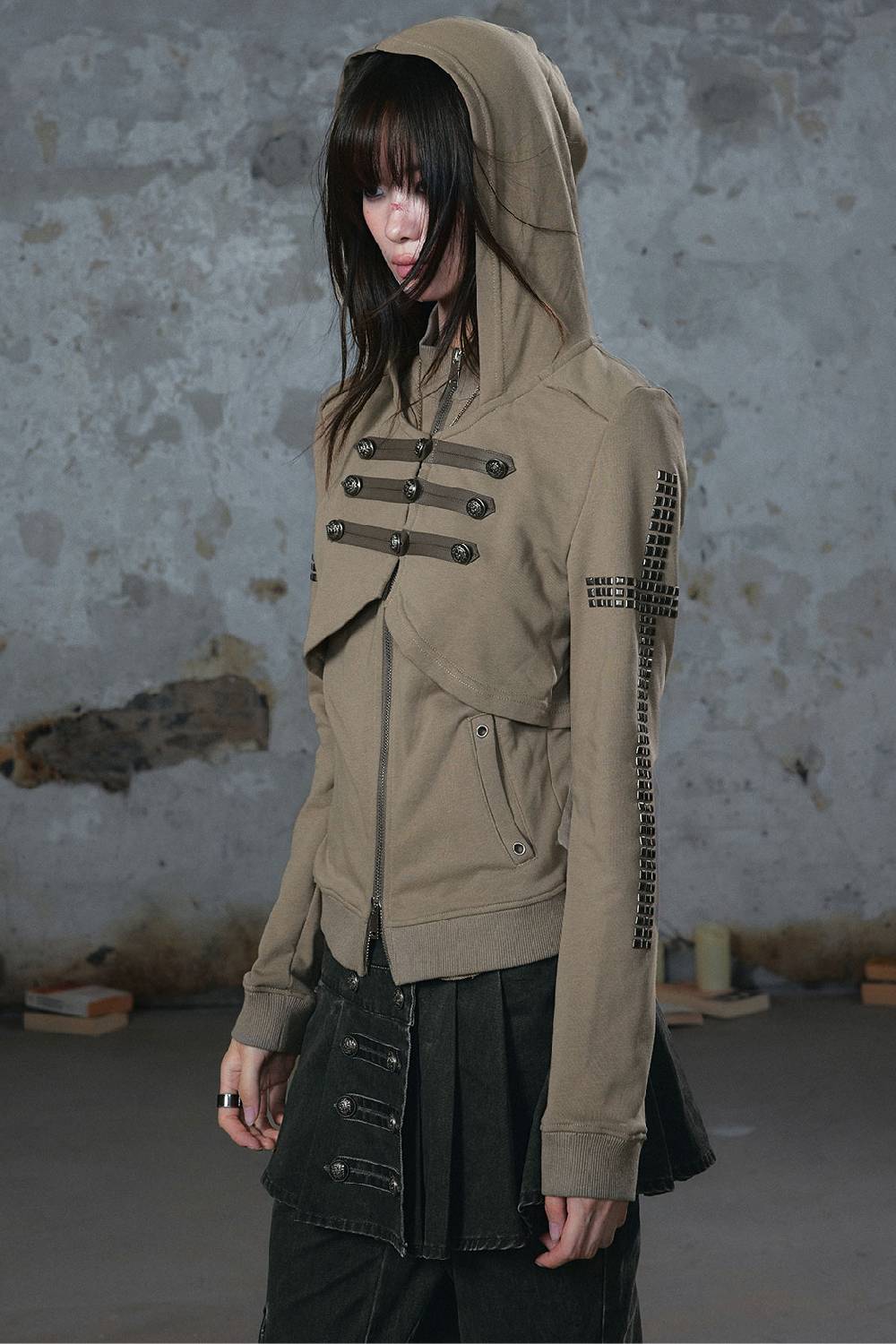 Studded Layered Zip Hoodie