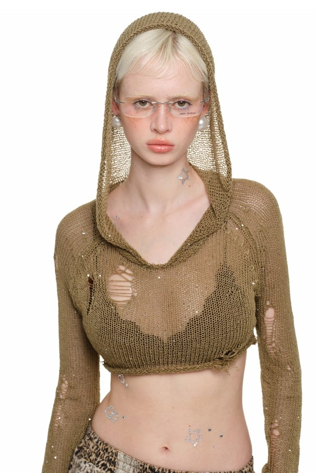 Sheer Cutout Hooded Pullover