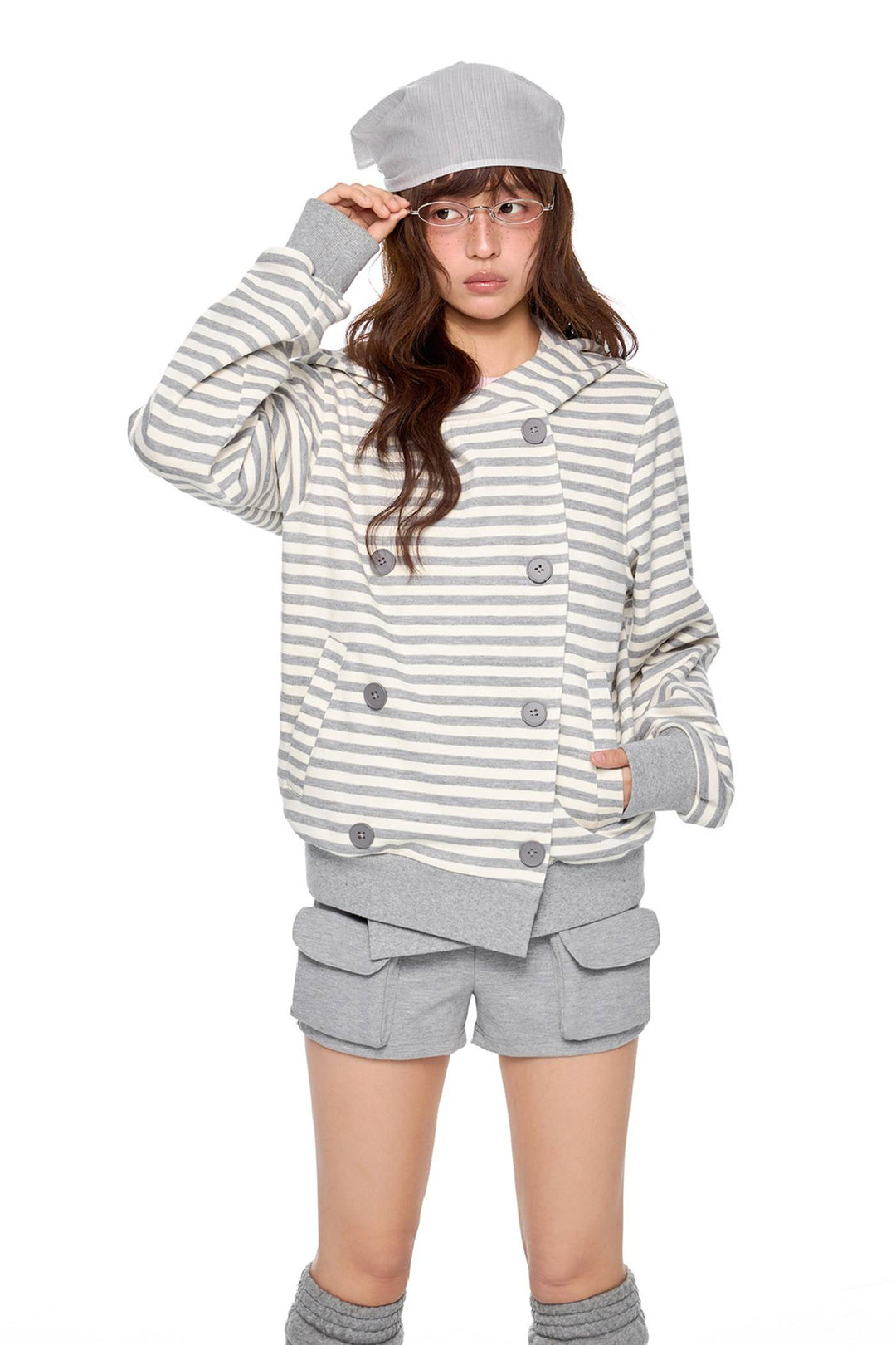 Striped Hooded Button Jacket