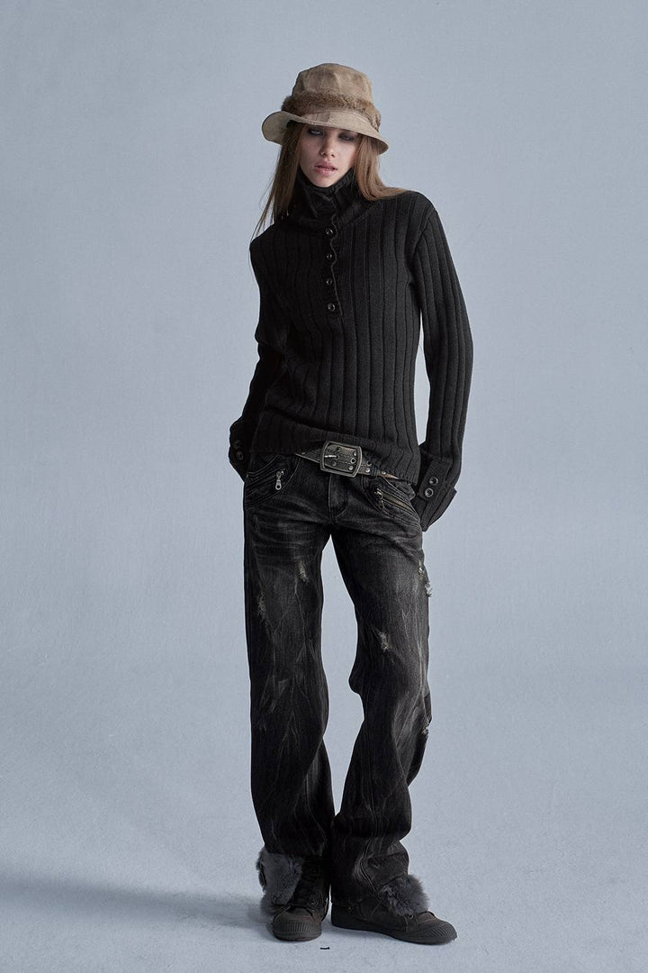 Distressed Ribbed Knit Sweater