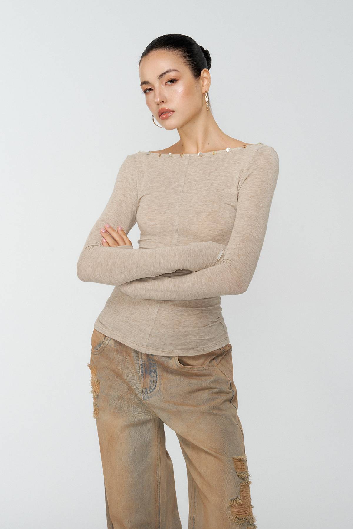Women's Long Sleeve Top Soft Fitted Rhinestone Neckline