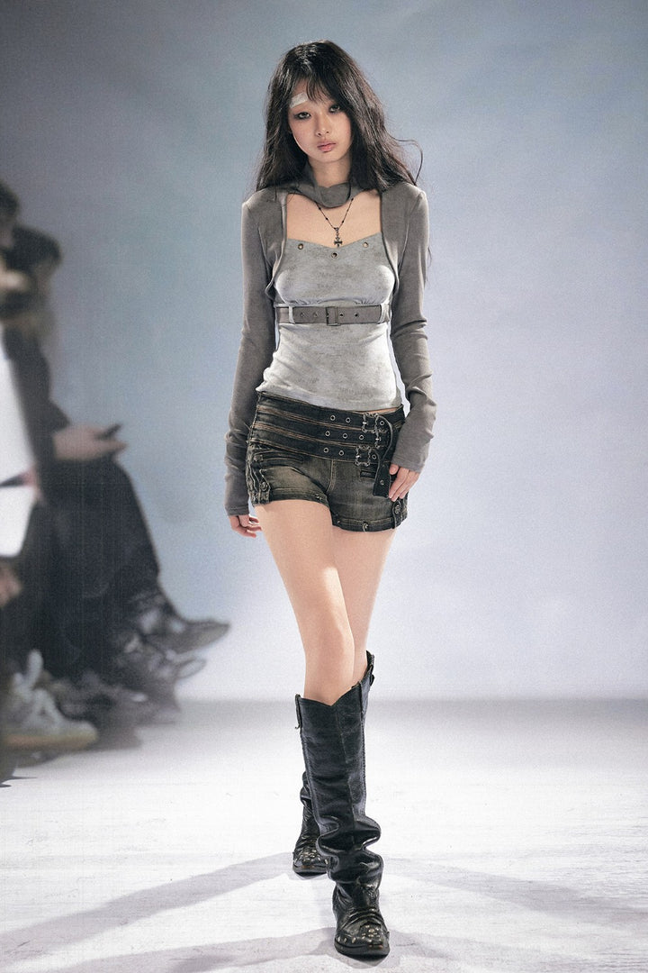 Layered Buckle Denim Shorts