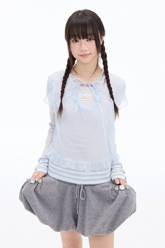Ruffle Trim Mesh Blouse