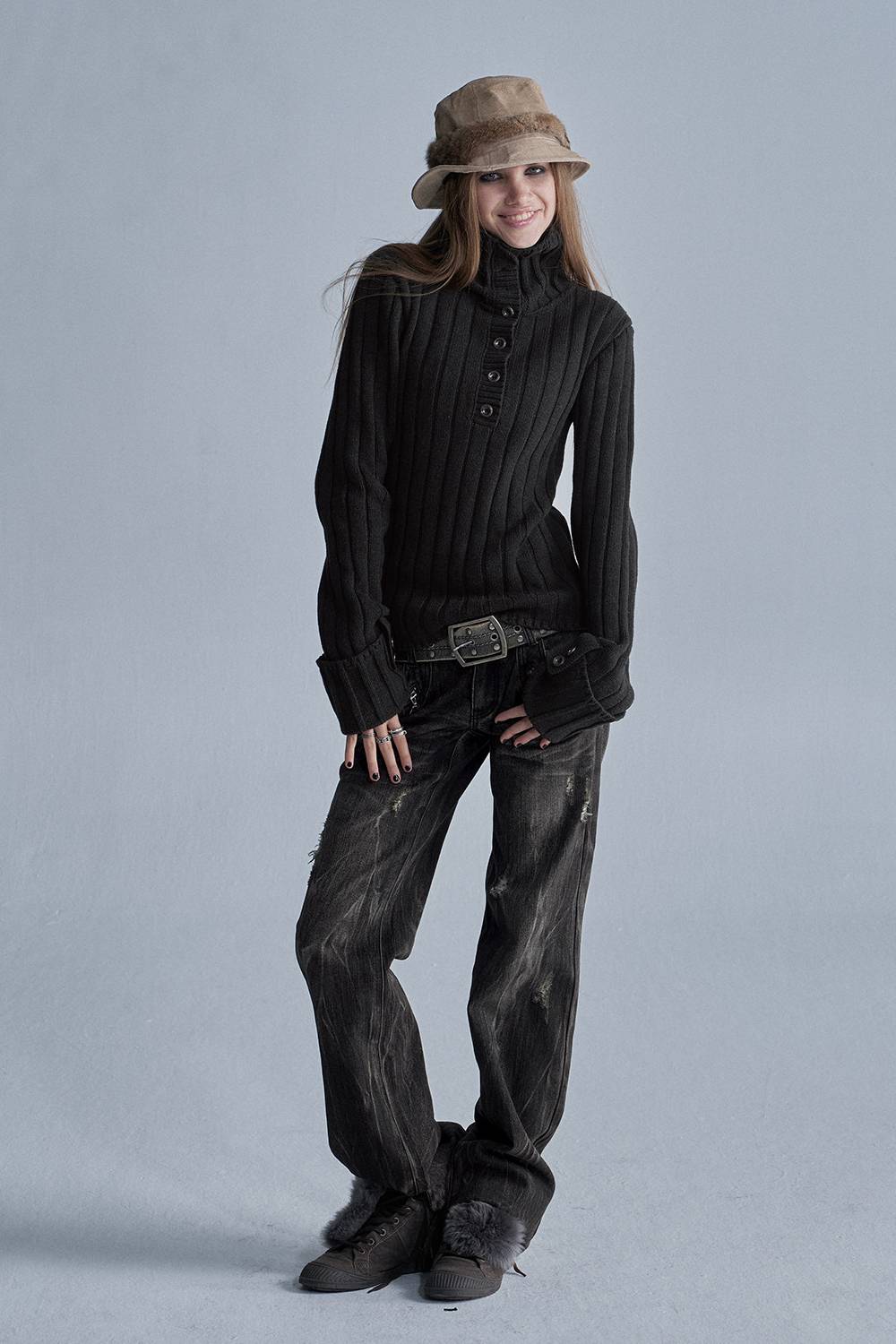 Distressed Ribbed Knit Sweater