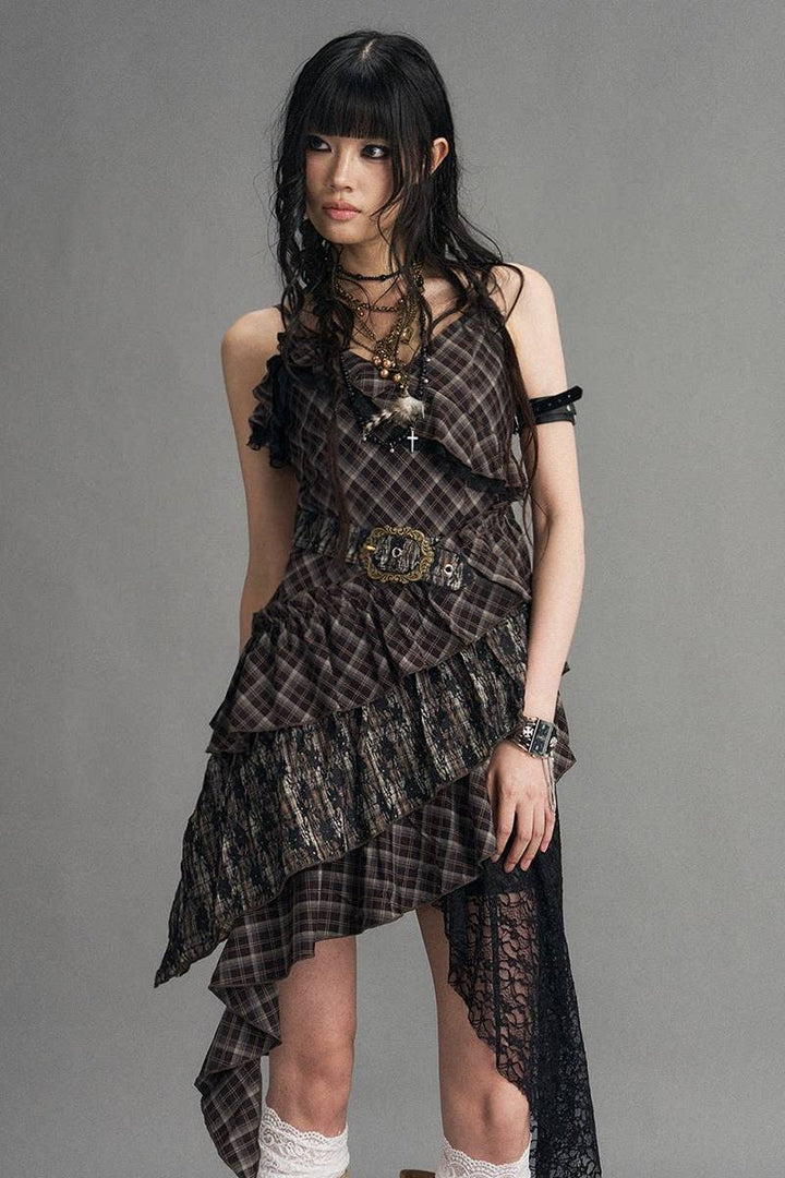 Asymmetric Plaid Mini Dress