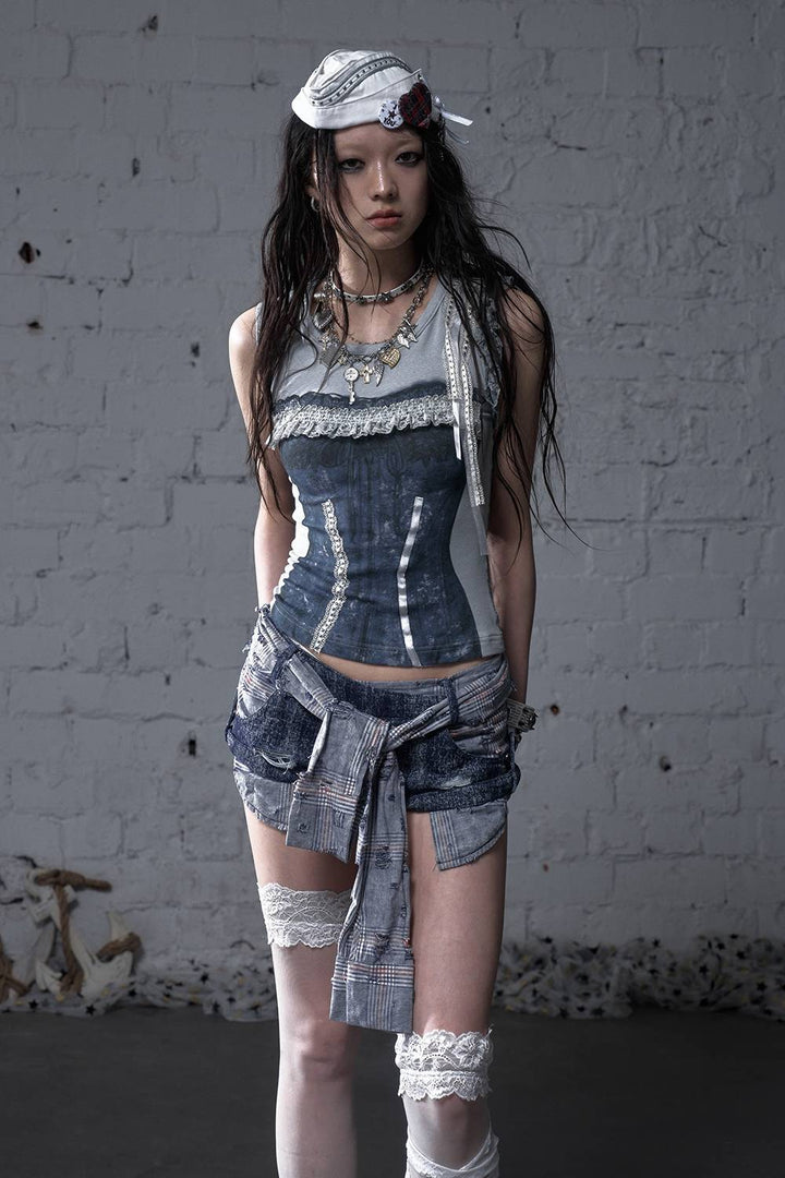 Plaid Denim Shorts