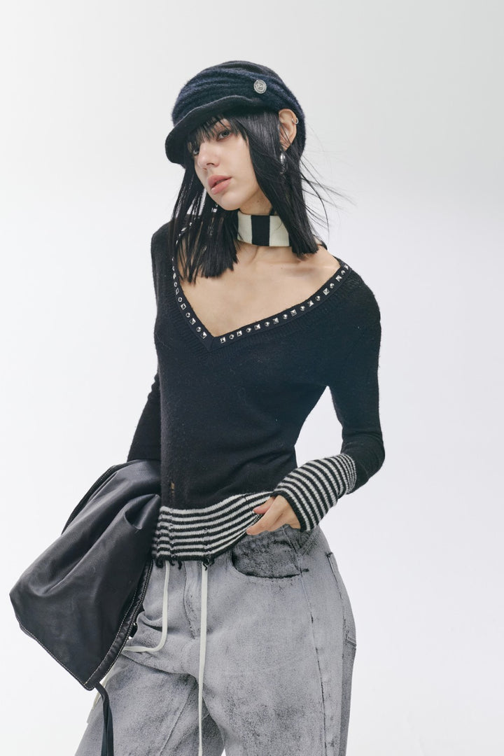 Distressed Rivet V-Neck Shirt