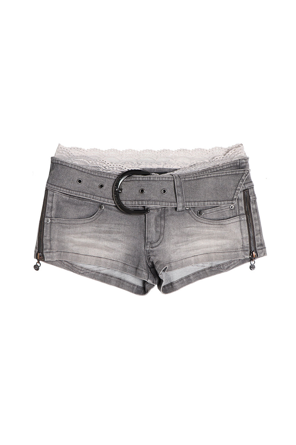 Gray Lace Trim Denim Shorts