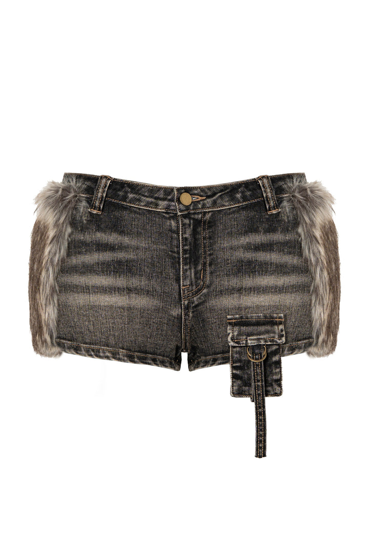 Washed Fur Denim Shorts