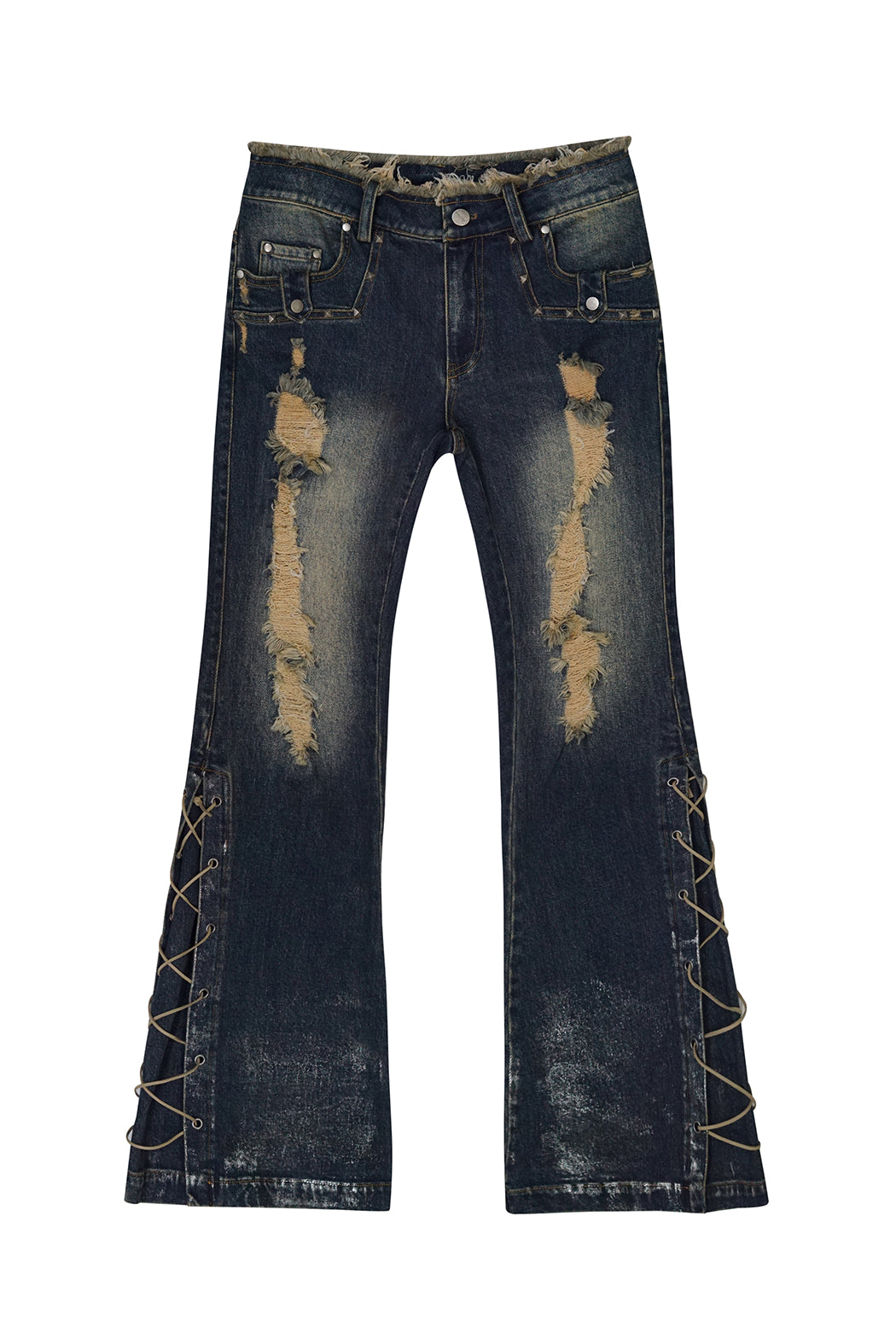 Lace-Up Ripped Wash Jeans