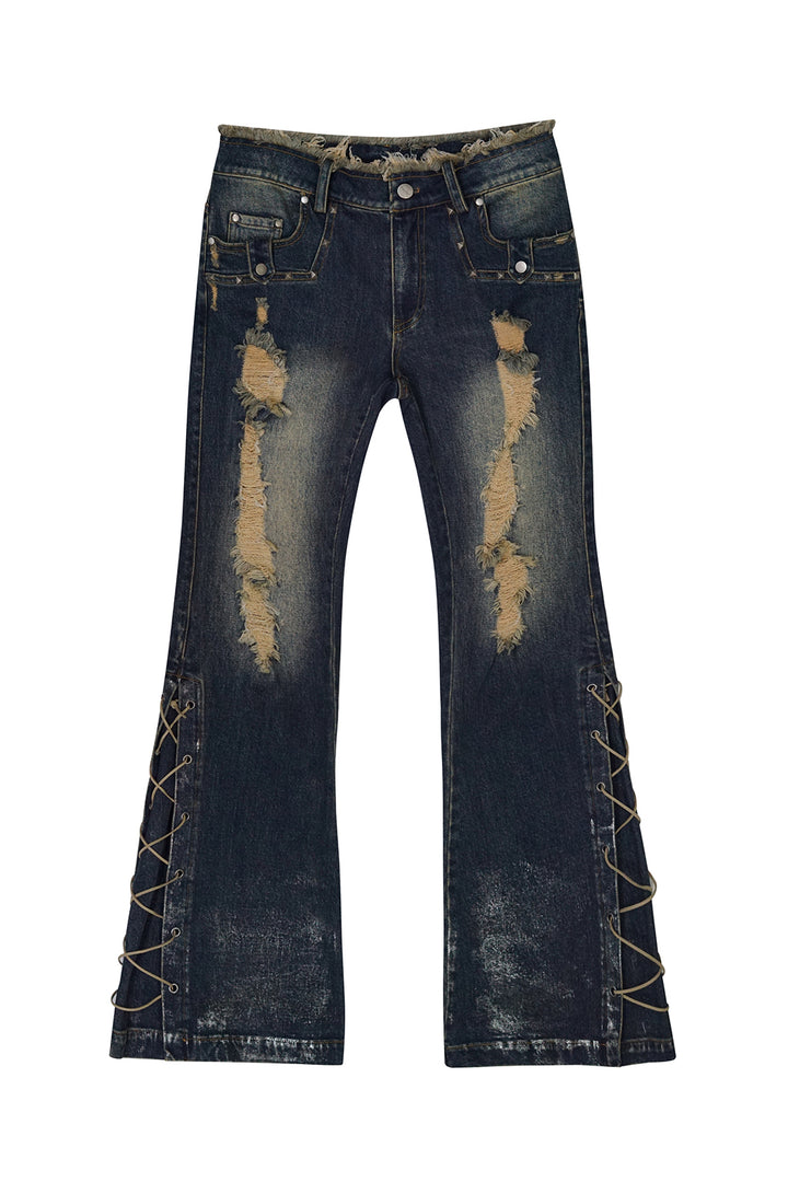 Lace-Up Ripped Wash Jeans