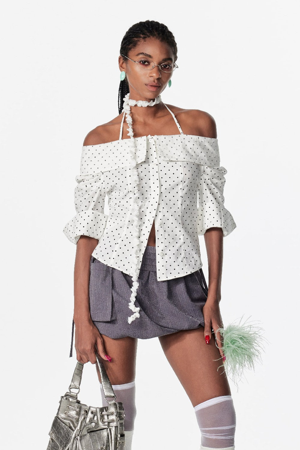 Off-Shoulder Pinstripe Blouse