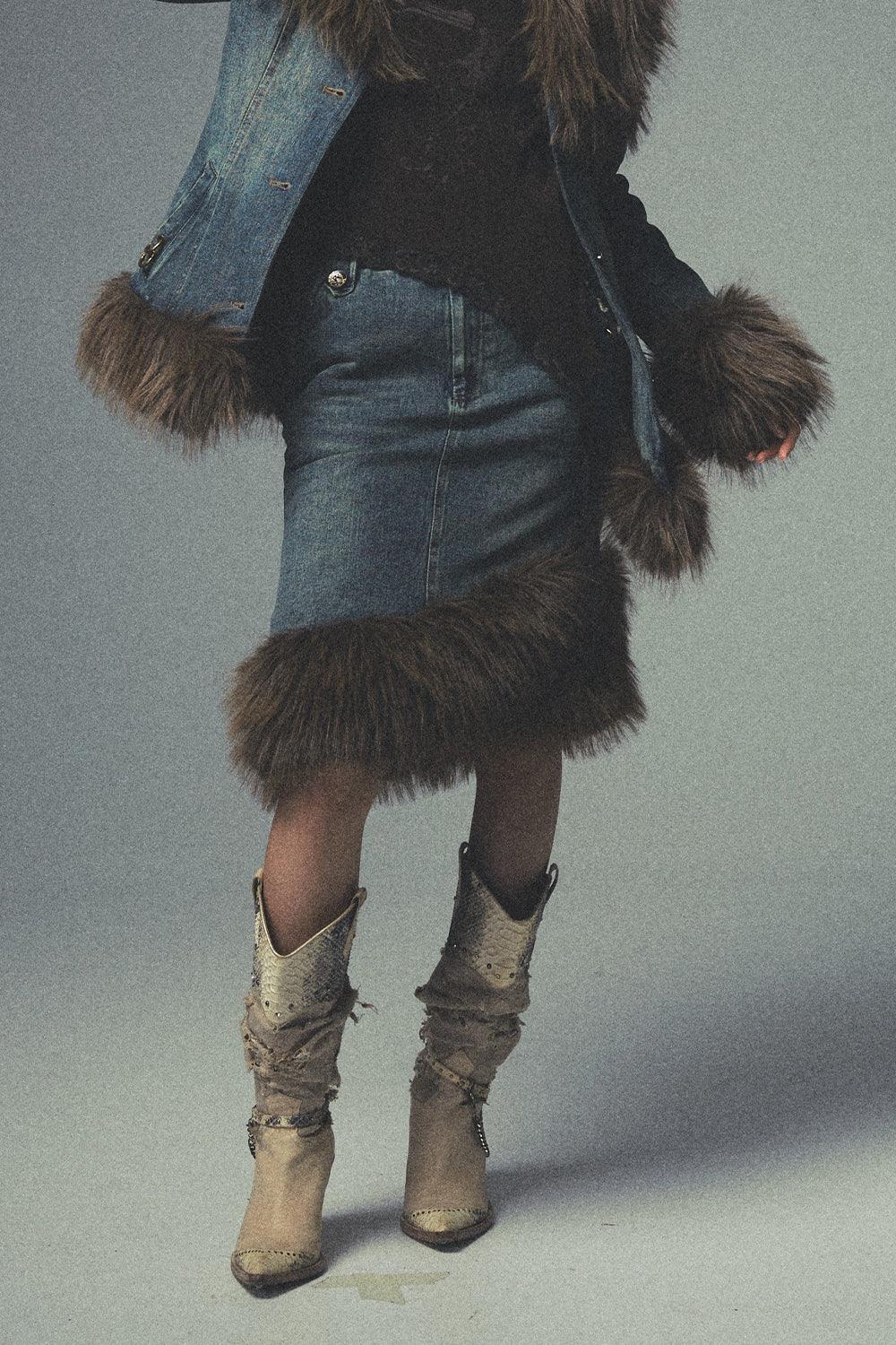 Asymmetric Fur Denim Skirt - Pixie Rebels
