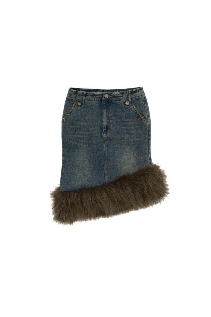 Asymmetric Fur Denim Skirt - Pixie Rebels
