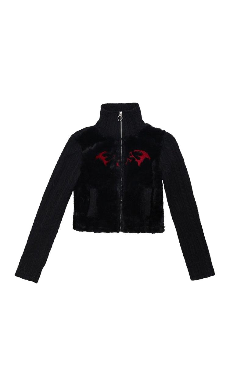 Embroidered Plush Jacket Black by NoName Space - Pixie Rebels Y2k Clothing