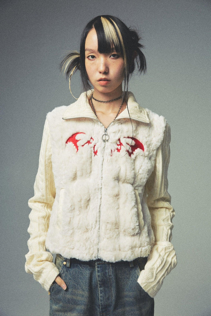 Embroidered Plush Jacket Off-White by NoName Space - Pixie Rebels Y2k Clothing