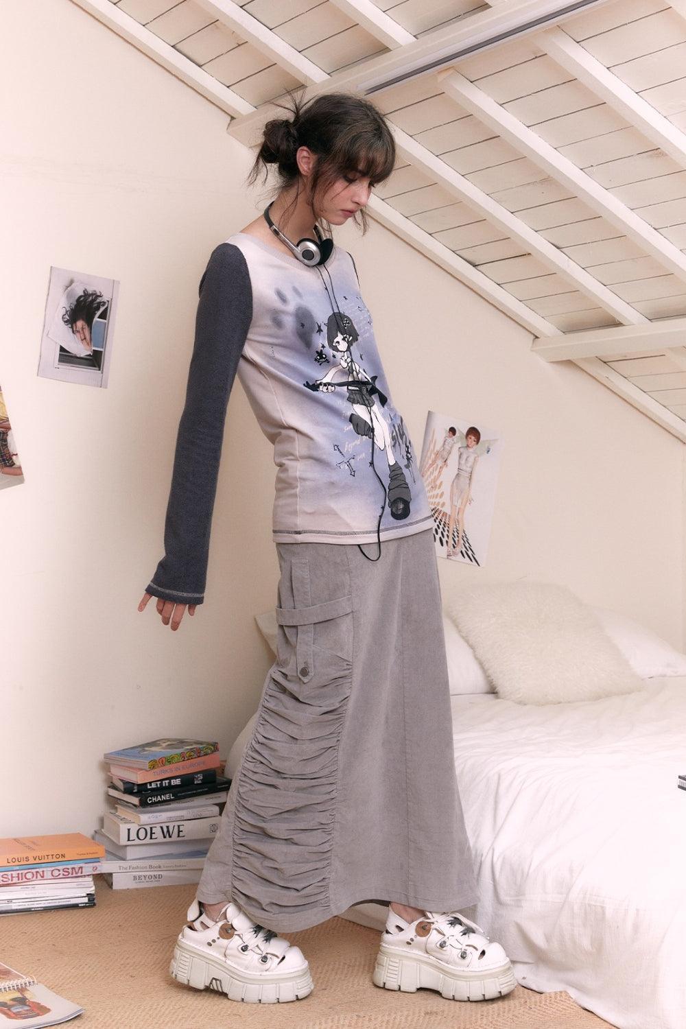 Long Retro Gray Skirt with Leg Slit - Pixie Rebels