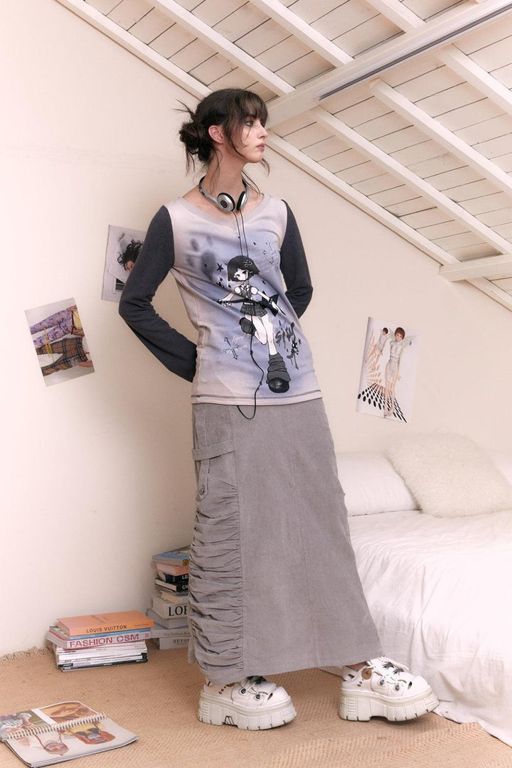 Long Retro Gray Skirt with Leg Slit - Pixie Rebels