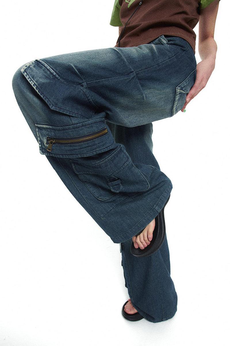 Loose Multi-Pocket Retro Jeans Washed - Pixie Rebels