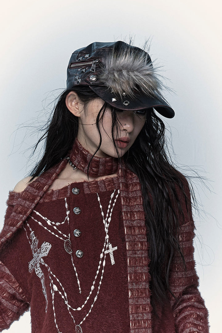 Studded Fur-Trim Cap