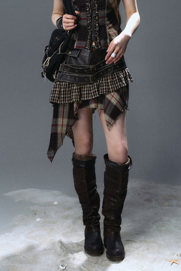 Asymmetrical Plaid Buckle Skirt
