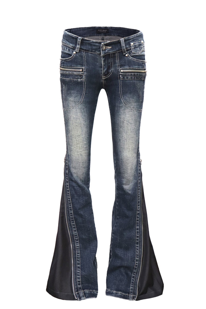 Muli-Zip Washed Flare Jeans
