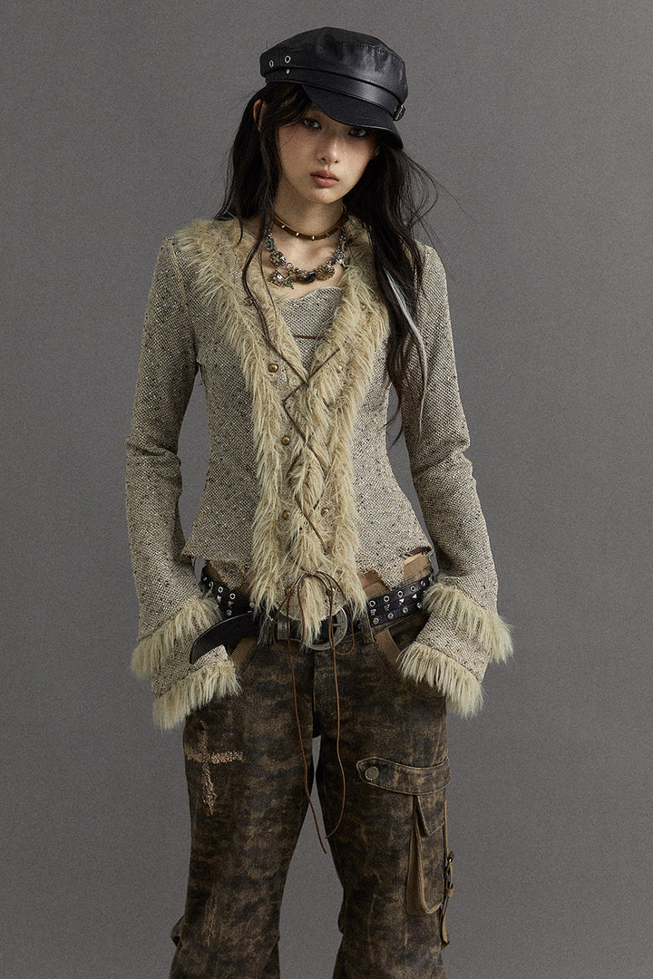 Fur Lace-Up Sweater