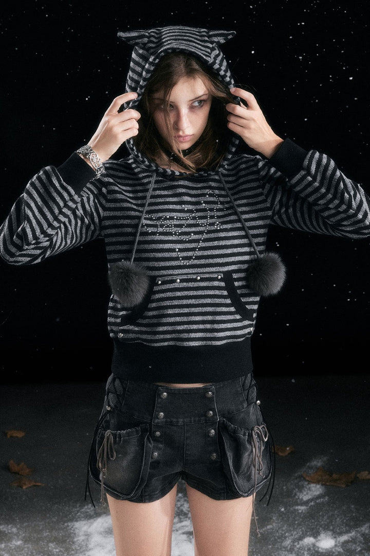 Striped Pom Cat Sweatshirt