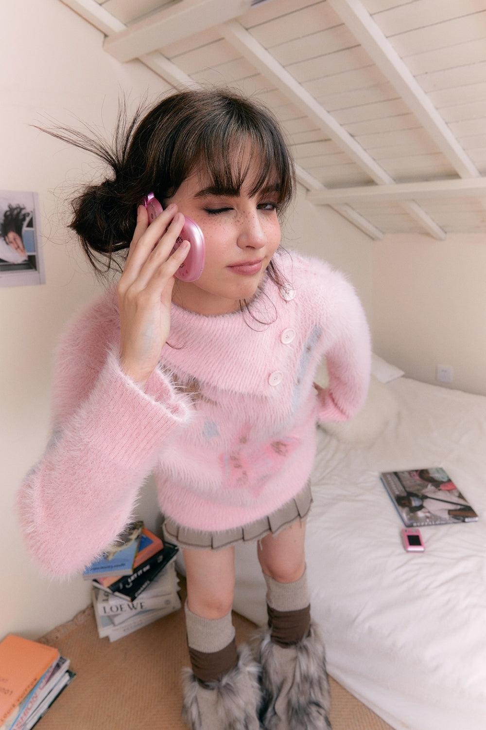 Bright Pink Warm Faux Fur Sweater with Stars - Pixie Rebels
