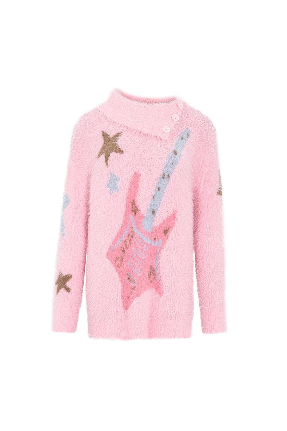 Bright Pink Warm Faux Fur Sweater with Stars - Pixie Rebels