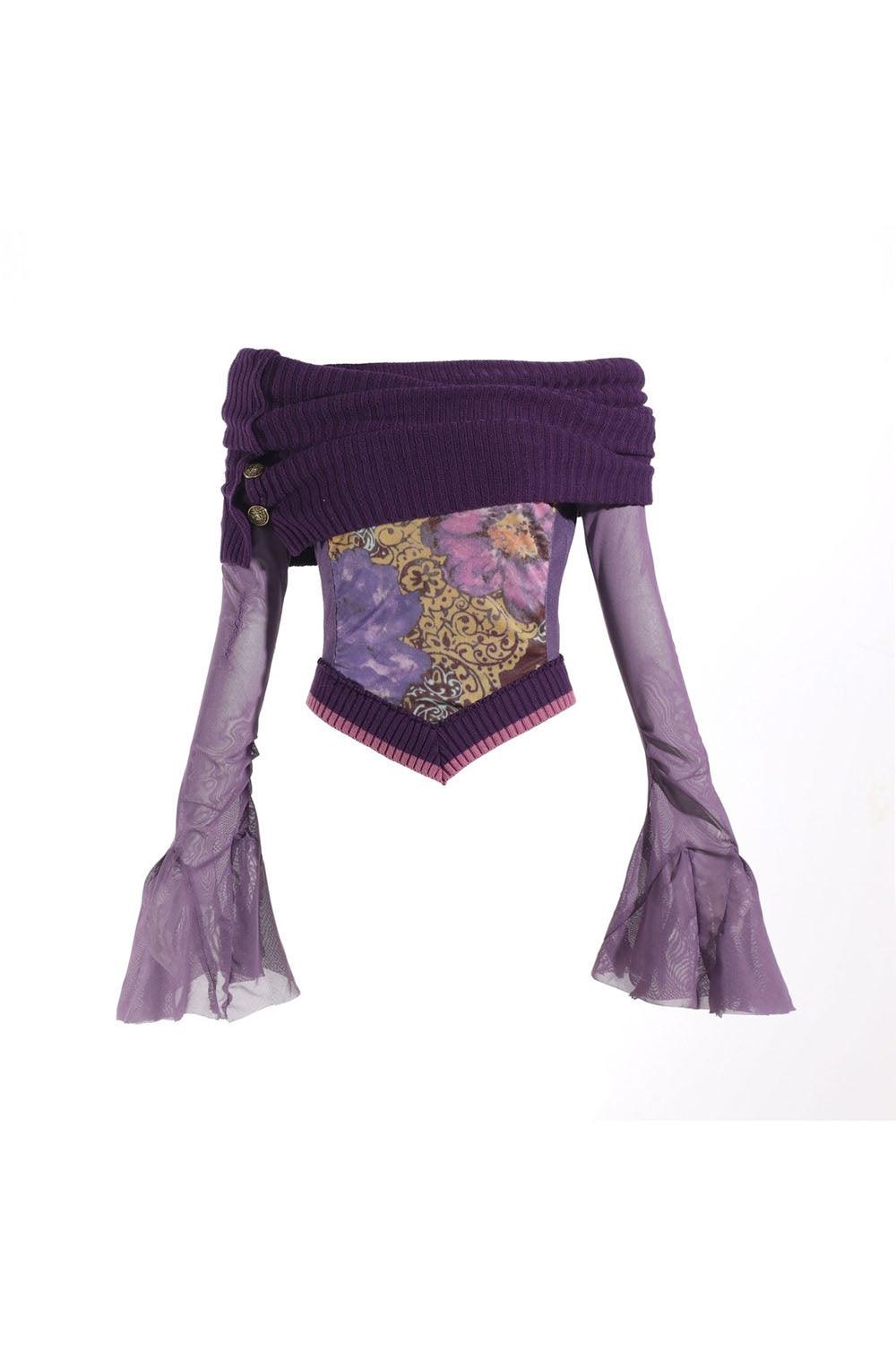 Pixie Rebels Purple Floral Mesh Top - Slim Fit with Trumpet Sleeves