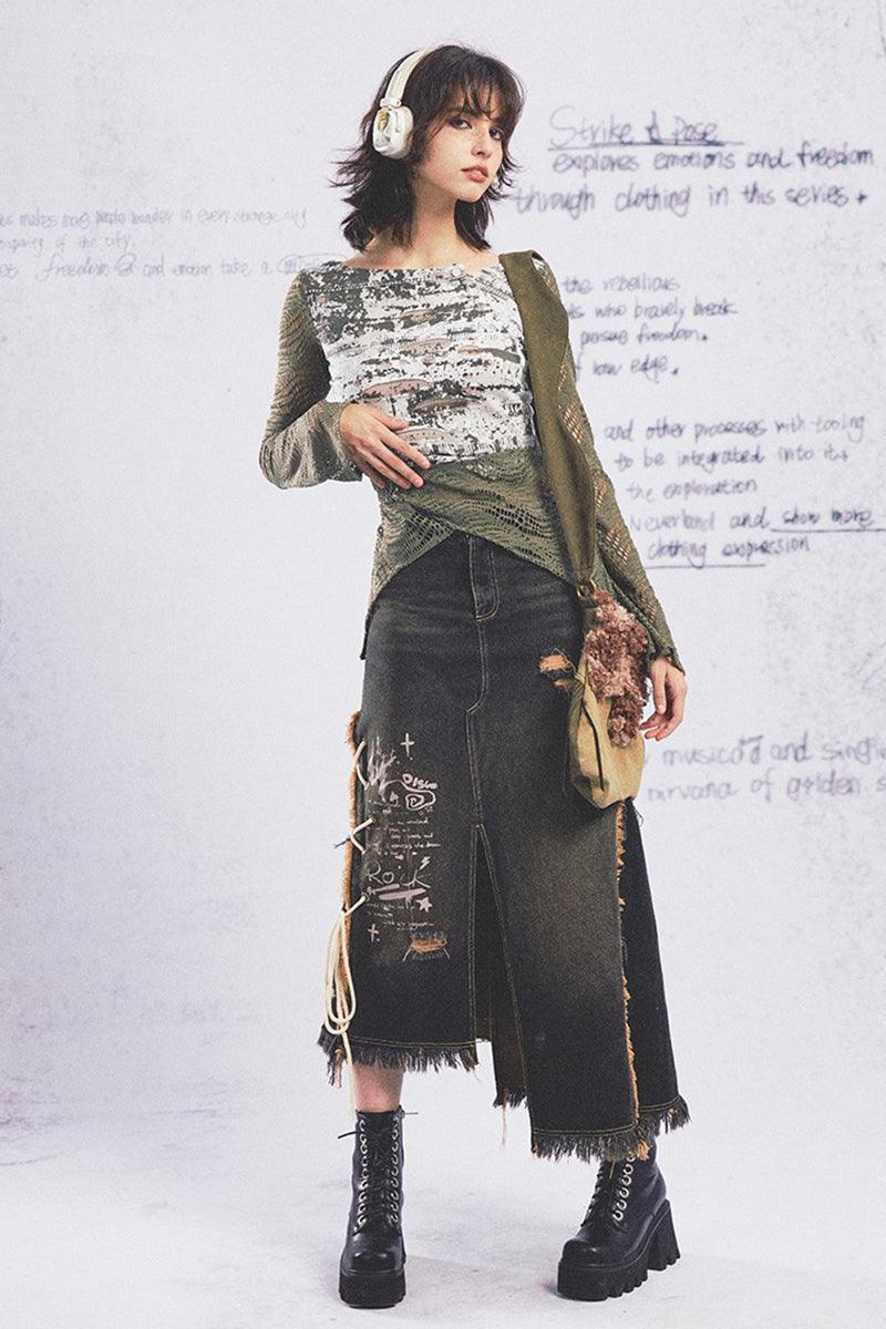 Rebel Graffiti Long Denim Skirt Asymmetric - Pixie Rebels