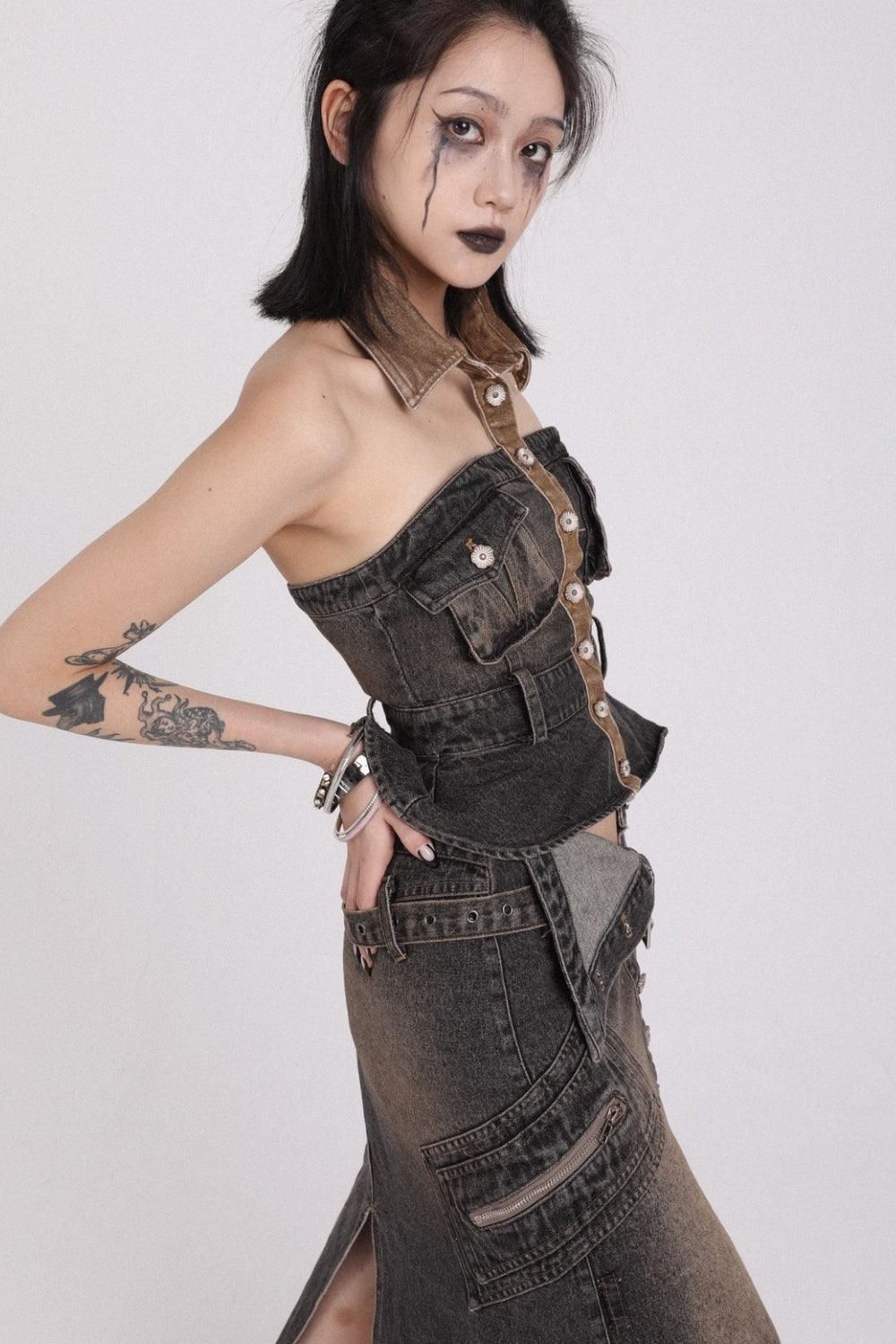 Short Denim Top with Belt - Pixie Rebels
