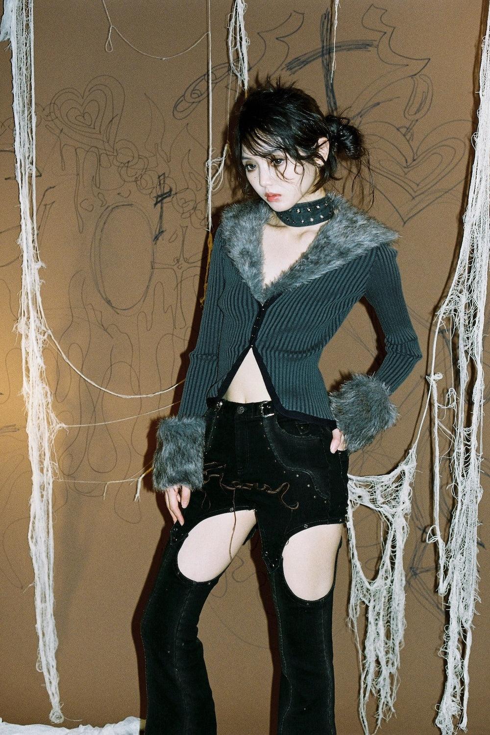 V-Neck Fur Knit Top - Pixie Rebels